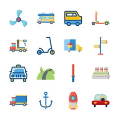 icon Transportation with propeller, bus, direction sing, crane and road