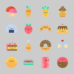 Icons about Food with meatball, bacon, pudding, carrot, donut and pineapple