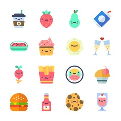 icon Food with milkshake, ketchup, cupcake, fries and strawberry