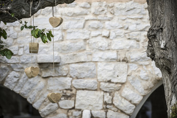 albero secolare con vasi e fiori in un giardino di un'antica masseria pugliese