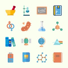 Icons about Science with notebook, gender, flask, chemical, battery and satellite