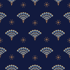 Peacock fan seamless blue vector pattern. Elegant minimal repeat texture.