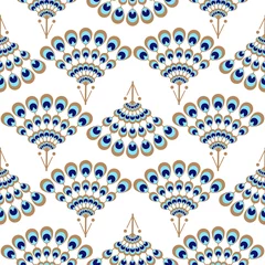 Tapeten Pfau Peacock geometrischer Wellenventilator nahtloses Vektormuster. Elegante blaue und goldene Details wiederholen Textur.