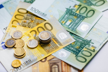 Different Euro banknotes from 5 to 500 Euro