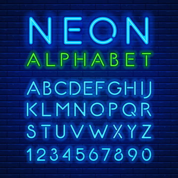 Neon latin alphabet and numbers