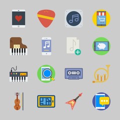 Icons about Music with cassette, smartphone, electric guitar, piano, french horn and music player