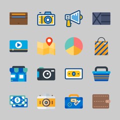 Icons about Commerce with shopping basket, suitcase, pie chart, megaphone, video player and money