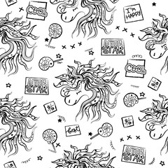 Seamless pattern with a unicorn, lollipops. Cool Little star. Girlish print for clothes, textiles, wrapping paper, web, Typography. Black and white Background for Social media, blogs.
