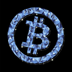 Crypto currency. Glowing vector bitcoin in blue shades on a dark background