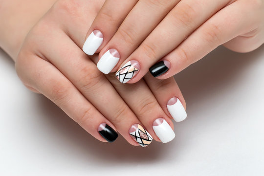 White Black Manicure With A Delicate Design Of Stripes, Sequins, Geometry On Square Nails