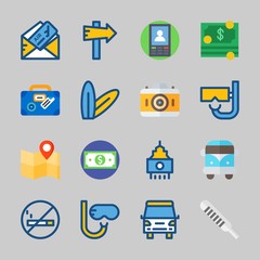 Icons about Travel with money, snorkel, mo smoking, travel bus, location and can