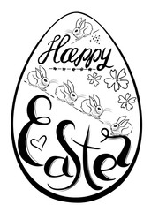 Drawing of a traditional egg and Bunny with a congratulation Happy Easter. Greeting card. Black and white stamp. Vector design.