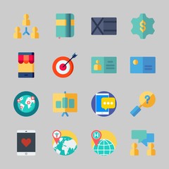 Icons about Business with id card, wallet, search, teamwork, gear and worldwide