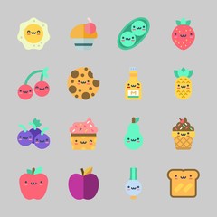 Icons about Food with cherry, scallion, pea, cupcake, grapes and apple