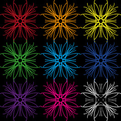 A set of colors from geometric lines in different colors. Bright ornaments on a black background for the design of postcards.
