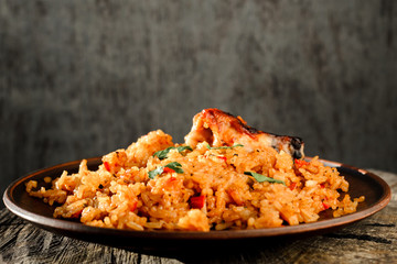 Fried rice with vegetables and baked chicken