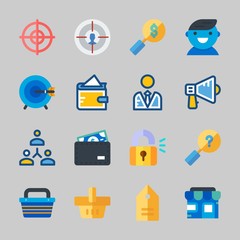 Icons about Commerce with wallet, networking, target, padlock, tag and user