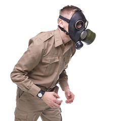 Man in gas mask leaned forward