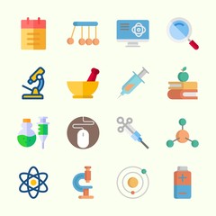 Icons about Science with physics, poison, notebook, mouse, newtons cradle and microscope