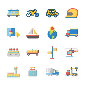 icon Transportation with crane, cable car, car, helmet and truck