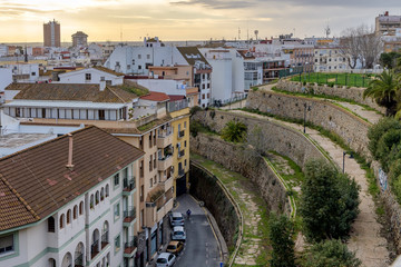 Fototapeta na wymiar View of the city of Huelva at Virgen de la Esperanza park; high angle view.