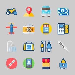 Icons about Travel with thermometer, shower, plane, photo camera, van and smartphone