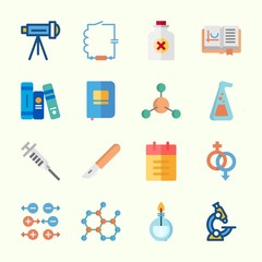 Icons about Science with atom, notebook, syringe, gravity, flask and wiring