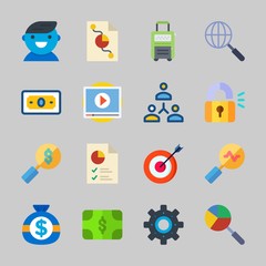 Icons about Commerce with settings, search, video player, suitcase, money and networking