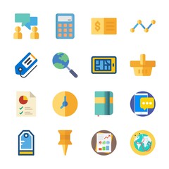icon Business with search, clock, pie chart, stats and tag