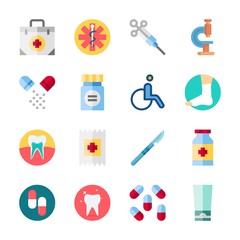 icon Medical with microscope, pill, surgery, sprain and syringe