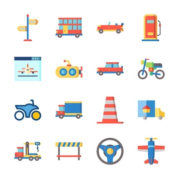 icon Transportation with car, crane, steering wheel, submarine and cone