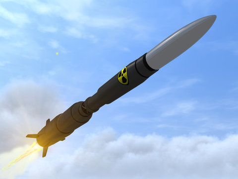 The newest Russian ballistic missile with a nuclear warhead is flying. Putin's presentation of the latest developments in Russian military equipment. 3D rendering