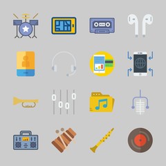 Icons about Music with oboe, earphones, drum set, levels, microphone and smartphone