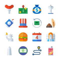 icon United States with hot dog, statue of liberty, route, hat and hamburger