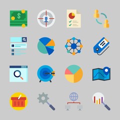 Icons about Commerce with networking, shopping basket, search, money, tag and map