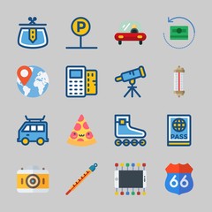 Icons about Travel with worldwide, car, thermometer, parking, pizza and location