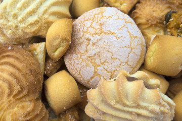 Many different in shape, size and taste of various shortbread cookies.