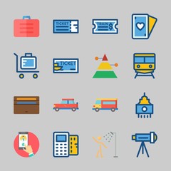 Icons about Travel with skyscraper, pyramid, van, suit case, train ticket and suitcase