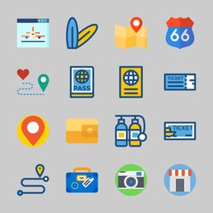 Icons about Travel with surfboard, route, passport, placeholder, ship ticket and location