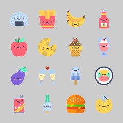 Icons about Food with sushi, popsicle, apple, toast, fries and eggplant
