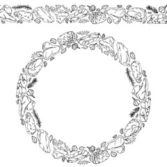 Endless Pattern Brush, Round Garland with Popular Steak Types, Onion, Garlic, Herbs. Butcher Shop or Steak Restaurant Menu. Wreath Circle Frame. Hand Drawn Vector Illustration. Savoyar Doodle Style.