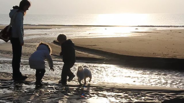 Family playing on a beach in winter during sun set