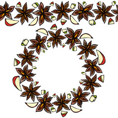 Endless Pattern Brush, Round Garland with Anise Star Seeds, Pieces of Diced Apple. Wreath Frame of Seasonings. Molted Wine or Sangria Coctail. Hand Drawn Vector Illustration. Savoyar Doodle Style.