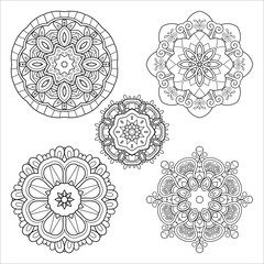 Vector Monochrome Set of Mandalas. Five Round Abstract Objects Isolated On White Background. Ethnic Decorative Element