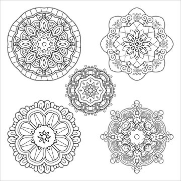 Vector Monochrome Set of Mandalas. Five Round Abstract Objects Isolated On White Background. Ethnic Decorative Element