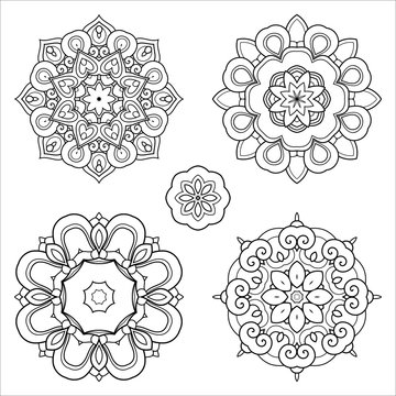 Vector Monochrome Set of Mandalas. Five Round Abstract Objects Isolated On White Background. Ethnic Decorative Element