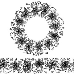 Endless Pattern Brush, Round Garland with Anise Star Seeds, Pieces of Diced Apple, Cloves. Wreath Frame of Seasonings. Molted Wine. Hand Drawn Vector Illustration. Savoyar Doodle Style.