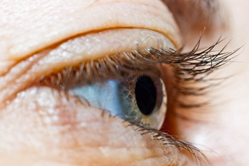 Side view of one gray young woman's eye framed by long black lashes was taken in macro mode without...