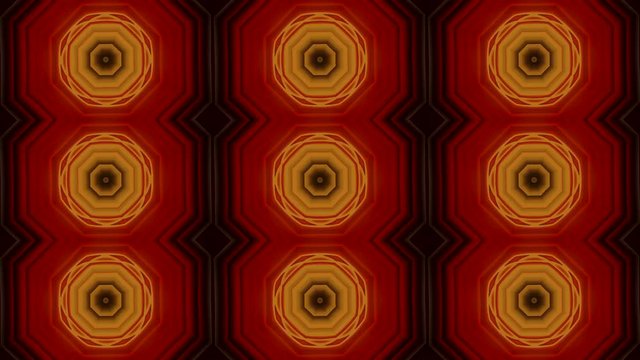 Formas octagonales rojas y amarillas con efectos de movimiento formando bucles y espirales.