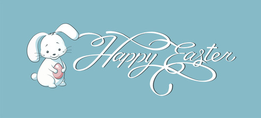 Fototapeta na wymiar Banner inscription, hand lettering, calligraphy, typography Happy Easter bunny blue background